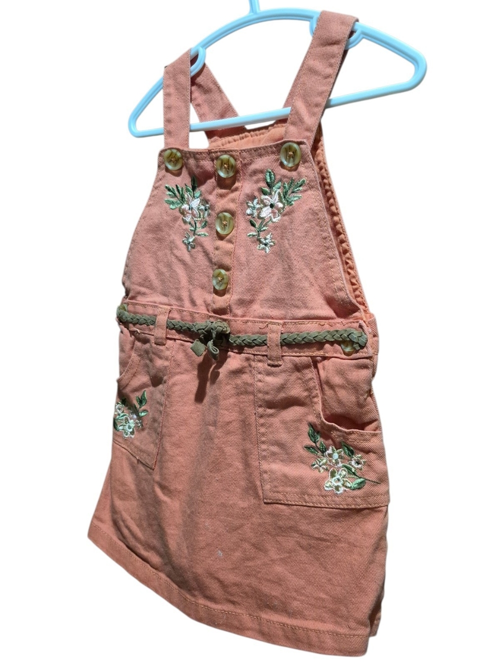 Girls Coral Embroidered Overall Dress with Braided Belt